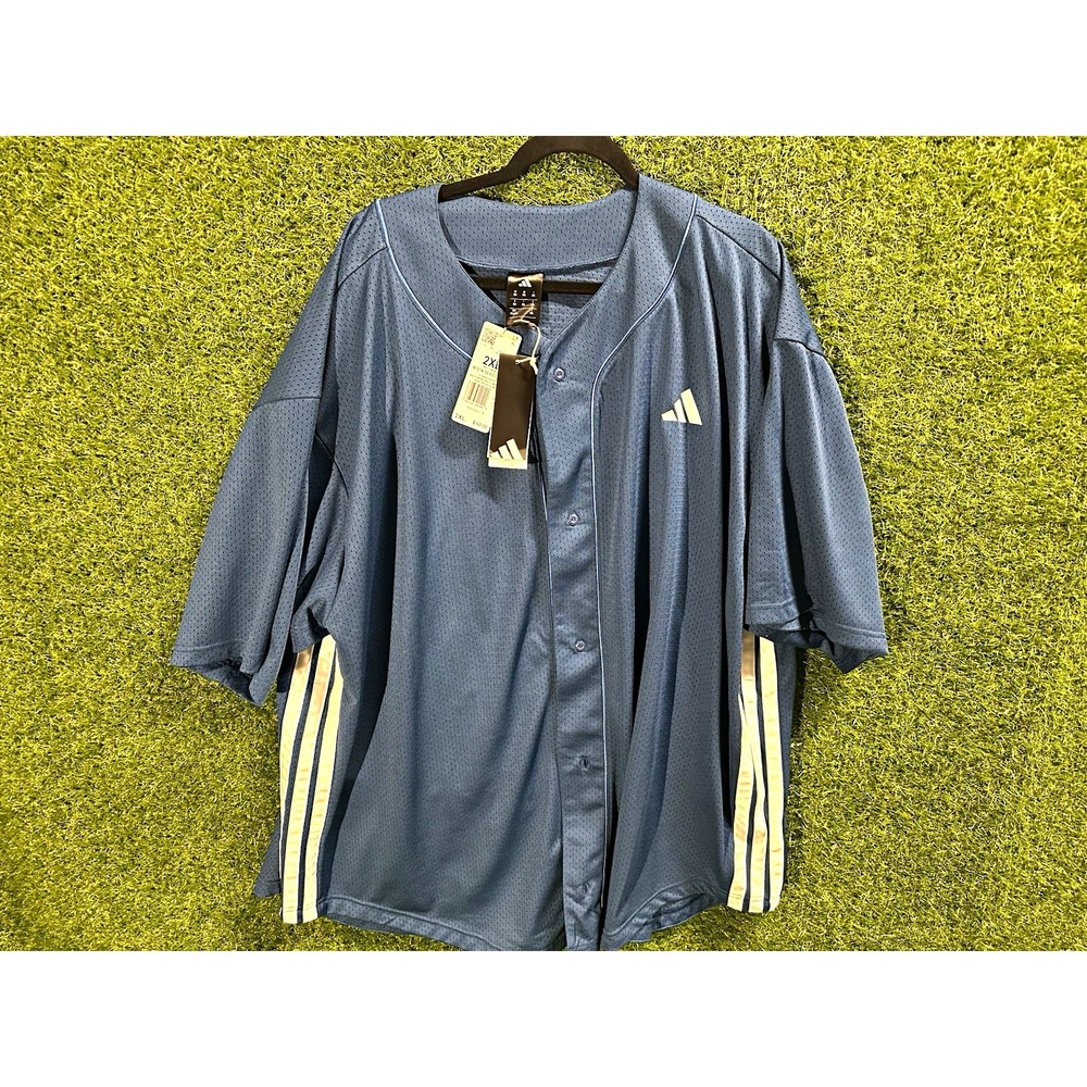adidas Men's Baseball Jersey 2XL Blue/White Striped Button Front
